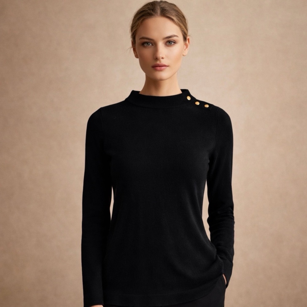 Jones New York Collection Black Knit Top Size Small Gold Button Shoulder Detail